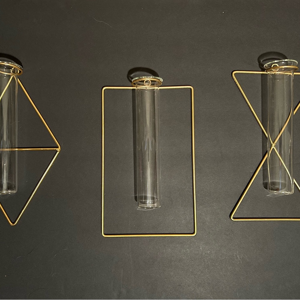 3 Various Shaped Geometric Wall-Mounted Glass Tube Vases w/Gold Metal Frames